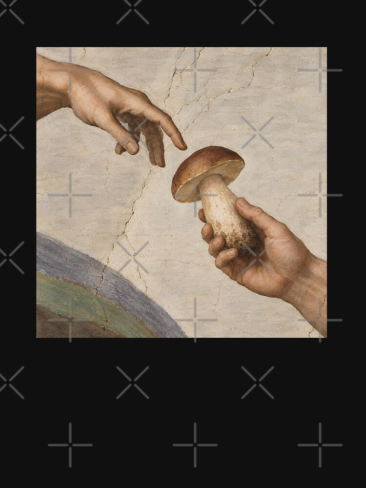 The Creation of Porcini, Mushroom Art Parody T-Shirt by wildlifethings