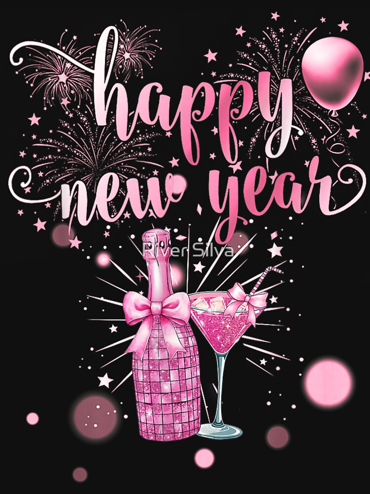 Happy New Year Pink Champagne Bottle And Cocktail Sparkly Celebration Art by River Silva