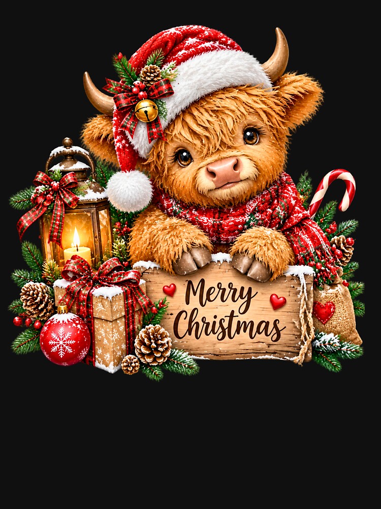 Cute Highland Cow Merry Christmas Sign Rustic Farmhouse Holiday by DYAFLK
