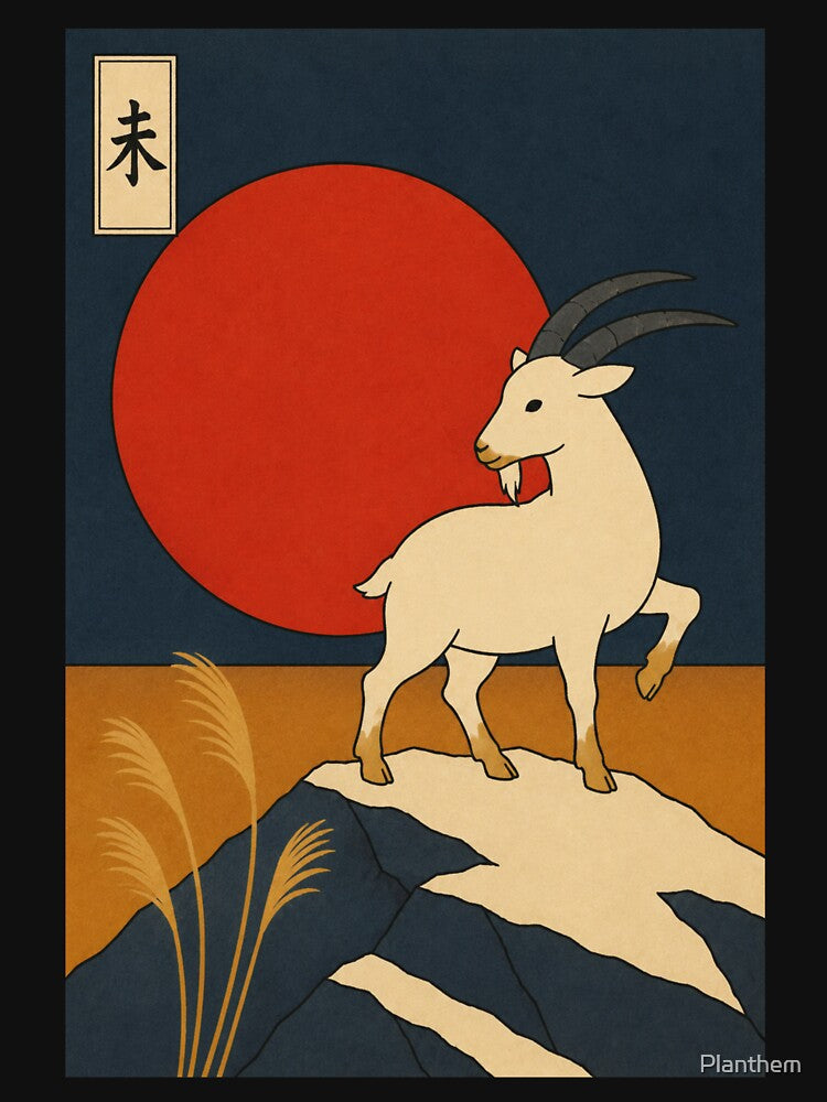 Year of the Goat Sunrise — Nengajo No. 4 | Ukiyo-e Woodblock by Planthem