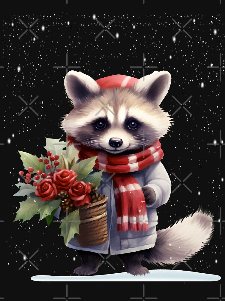 Cute red flowers Raccoon Santa Hat Snow Christmas xmas by Smix Pixels