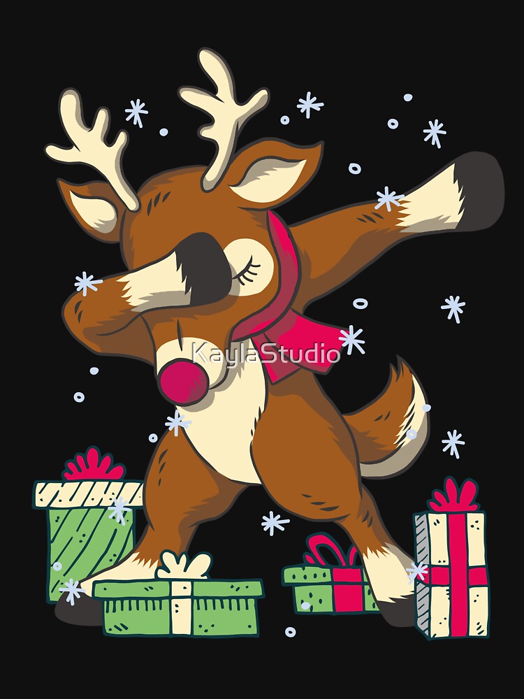 Funny Adorable Dancing Rudolph with Christmas Gifts by KaylaStudio