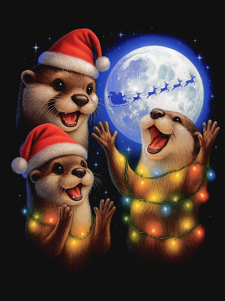 Christmas Otters Under The Moon, Cute Holiday Art by SassCity