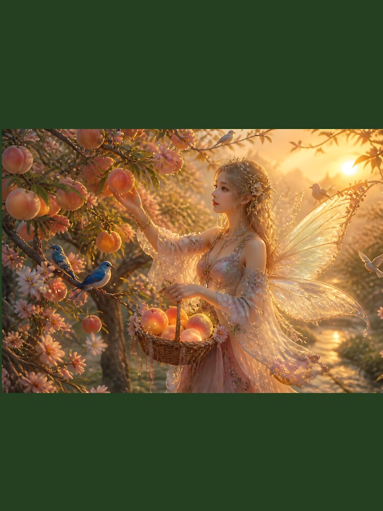 Fairy Harvesting Glowing Peaches in Enchanted Orchard by sigmaartstudio