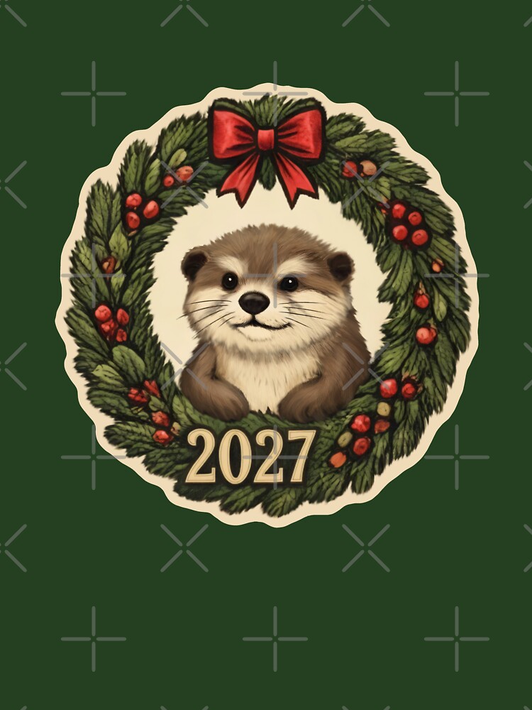 Cute Christmas Otter 2027: Holiday Wreath & Red Bow Art by MalisoStickers
