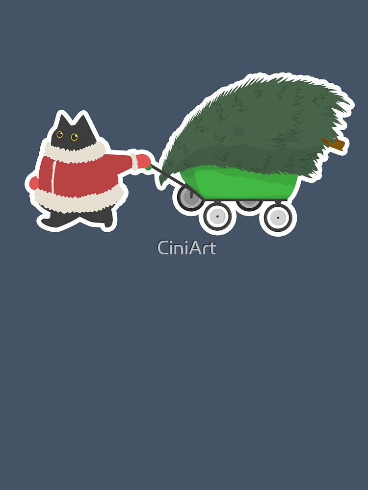 Cute chubby black santa cat bringing Christmas tree home by CiniArt