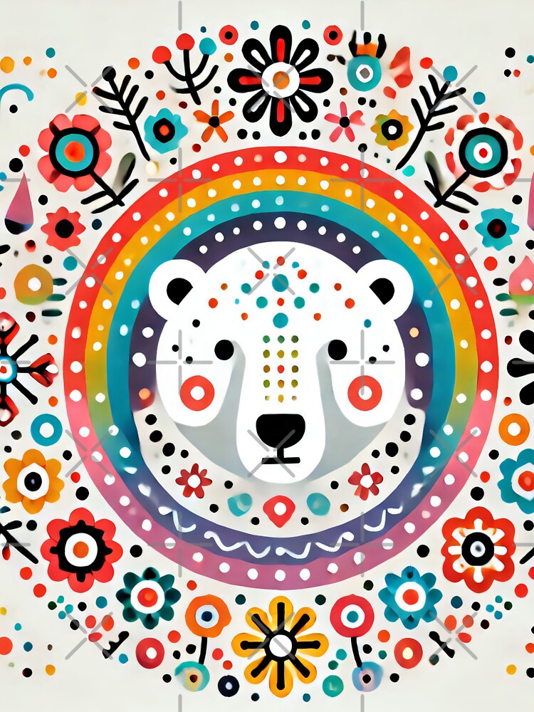 Patterned Polar Bear with Folk Flowers - Scandinavian Folk Art by heidiannemorris © by FOLK ART FUSION