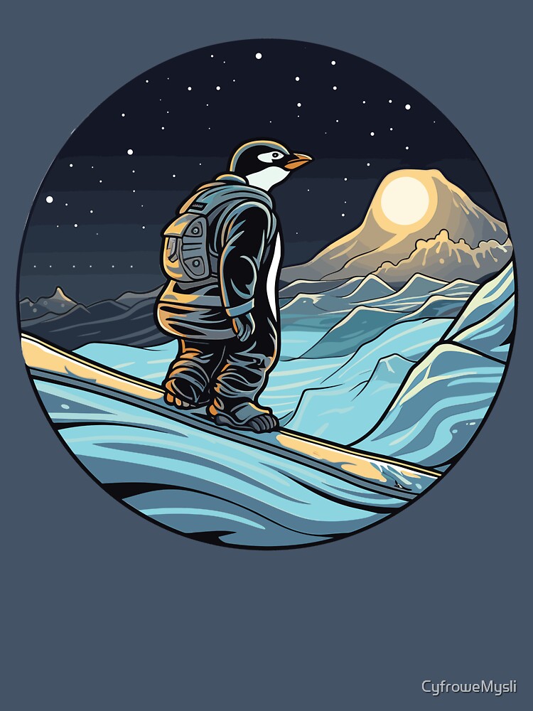Lonely Penguin Winter Night Aesthetic Snow Mountain Adventure Design by CyfroweMysli