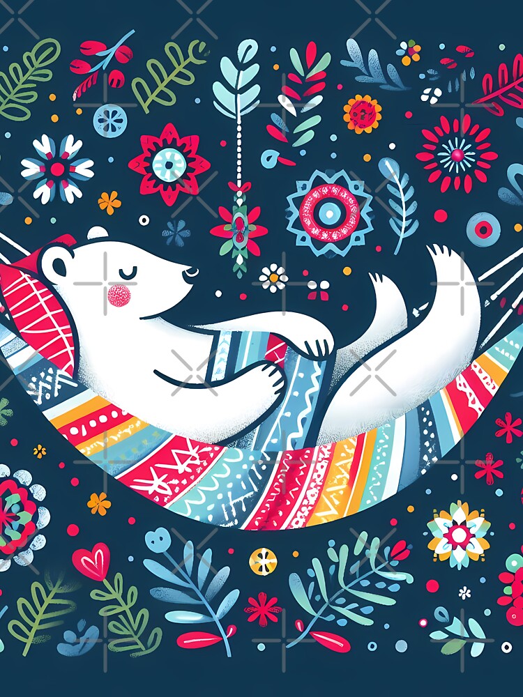 Scandinavian Folk Art Cute Hygge Polar Bear in Hammock by heidiannemorris © by FOLK ART FUSION