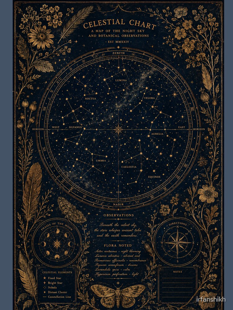 Dark Academia Vintage Celestial Map – Botanical Star Chart Astronomical Art | Dark Academia Wall Art by irfanshikh