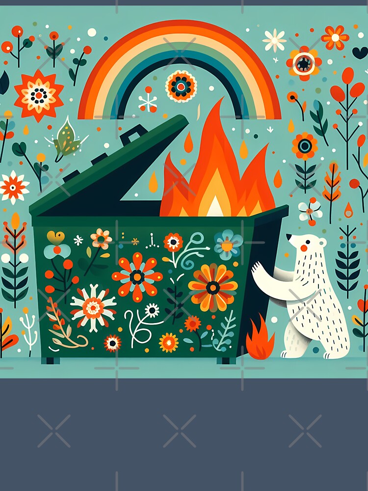 Polar Bear Patrick Pushes the Dumpster Fire to a Safe Place - Scandinavian Folk Art by heidiannemorris © by FOLK ART FUSION
