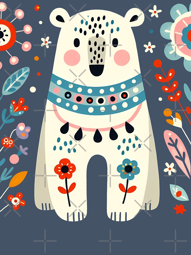 Cute Polar Bear with Daisies - Scandinavian Folk Art by heidiannemorris © by FOLK ART FUSION