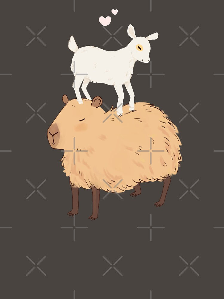 Capybara with a baby goat friend standing on its head - a cute cartoon capybara illustration pink version by Yarafantasyart