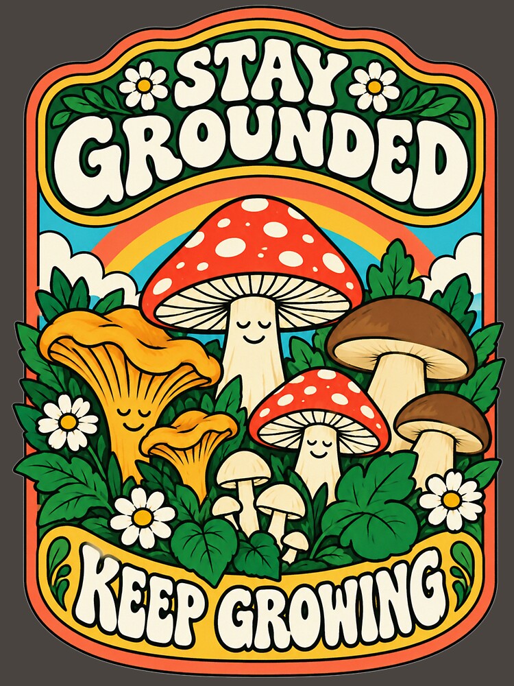 Stay Grounded Keep Growing Retro Mushroom Art by SayMaria