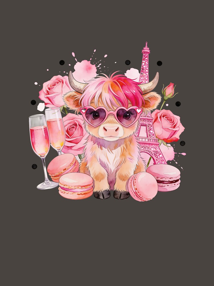 Cute Pink Paris Highland Cow Watercolor Illustration by TatyanaArt