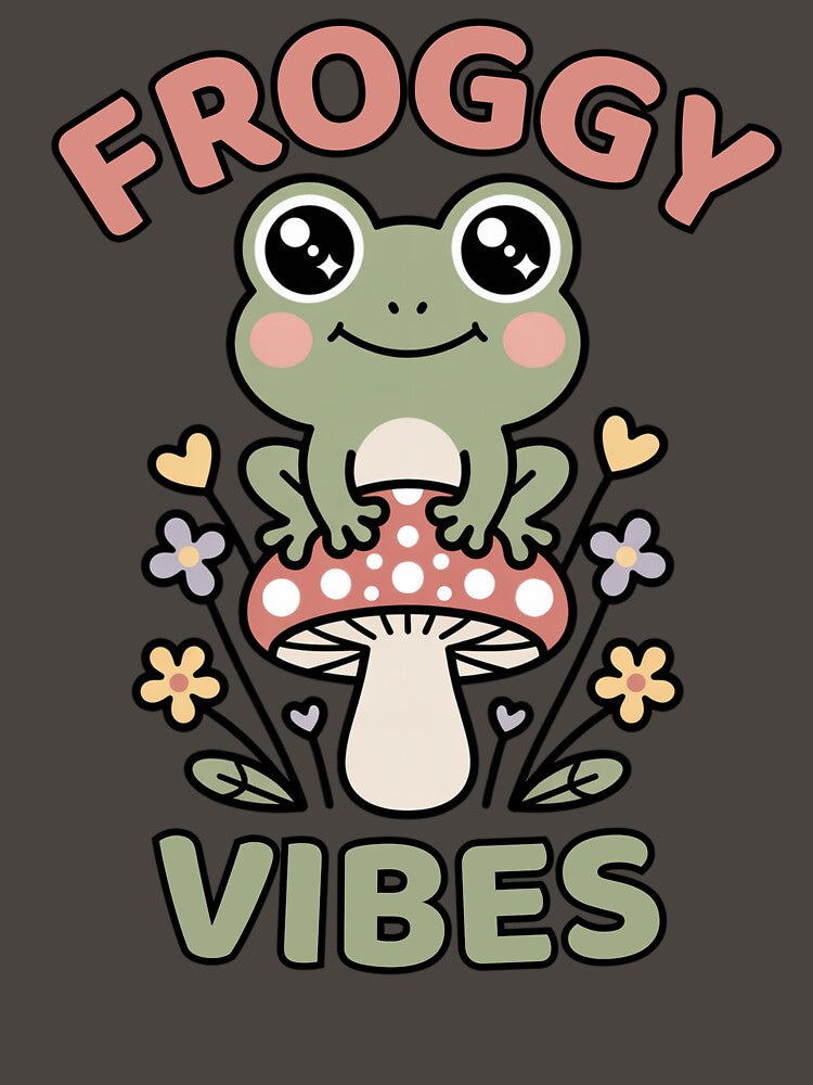 Froggy Vibes Cute Frog on Mushroom by kamisclothes