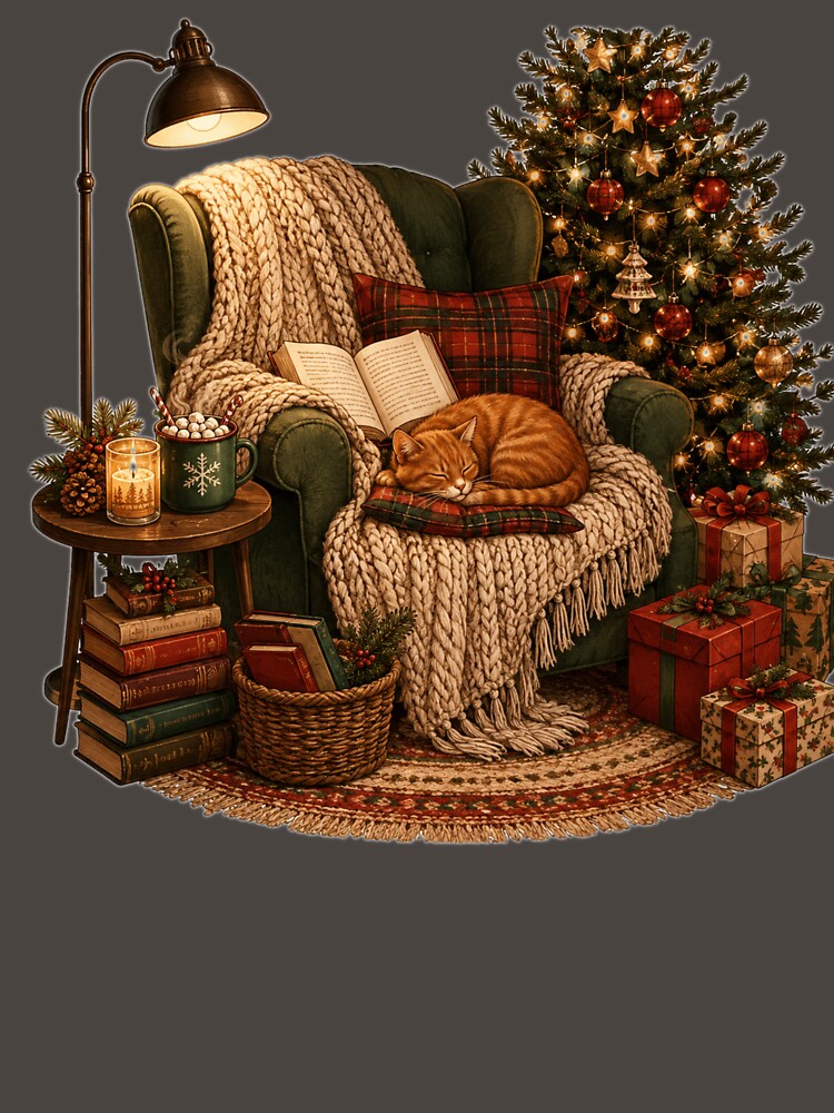 Cozy Christmas Reading Nook with Sleeping Cat, Book, Hot Cocoa & Christmas Tree by MotylekAnia