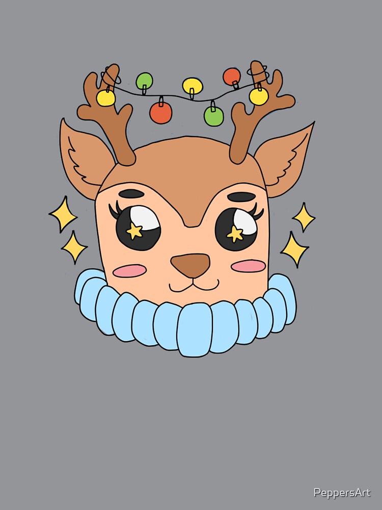 Cute Deer in Blue Sweater and Festive Lights  Christmas Holiday Design by PeppersArt