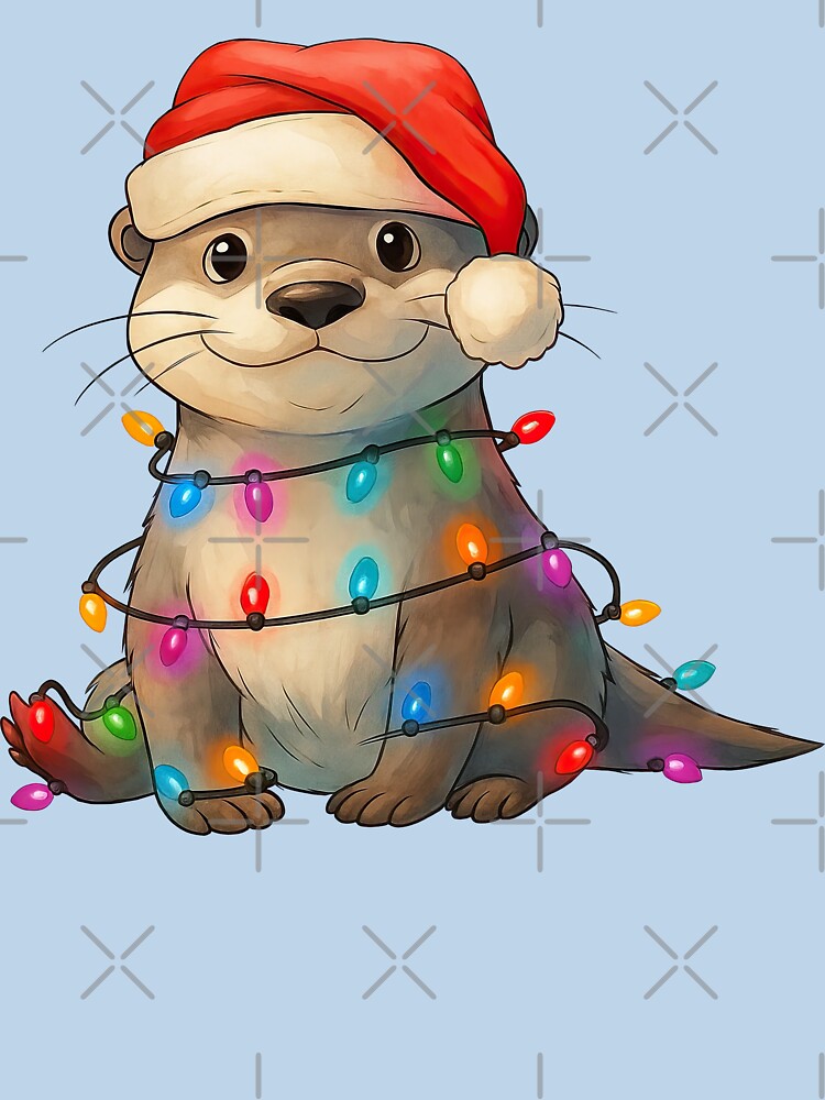 Cute Otter in Santa Hat Wrapped in Colorful Christmas Lights by ArtfulWeave