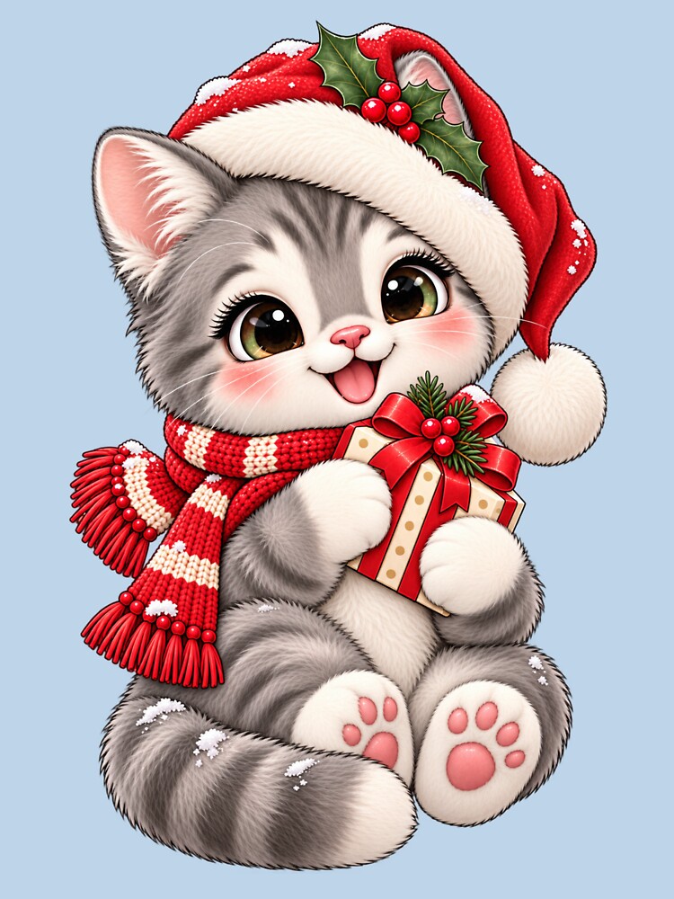 Cute Santa Cat with Christmas Gift – Kawaii Holiday Kitten by HO•Designs