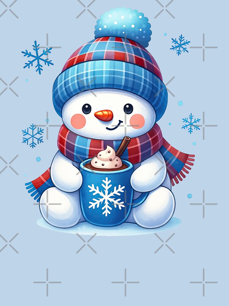 Cute Snowman with Hot Chocolate and Plaid Winter Outfit by ArtfulWeave