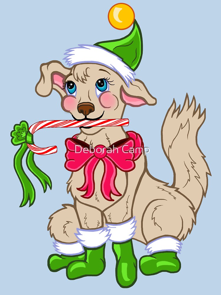 Chistmas Elf Puppy Dog with Candy Cane by Deborah Camp
