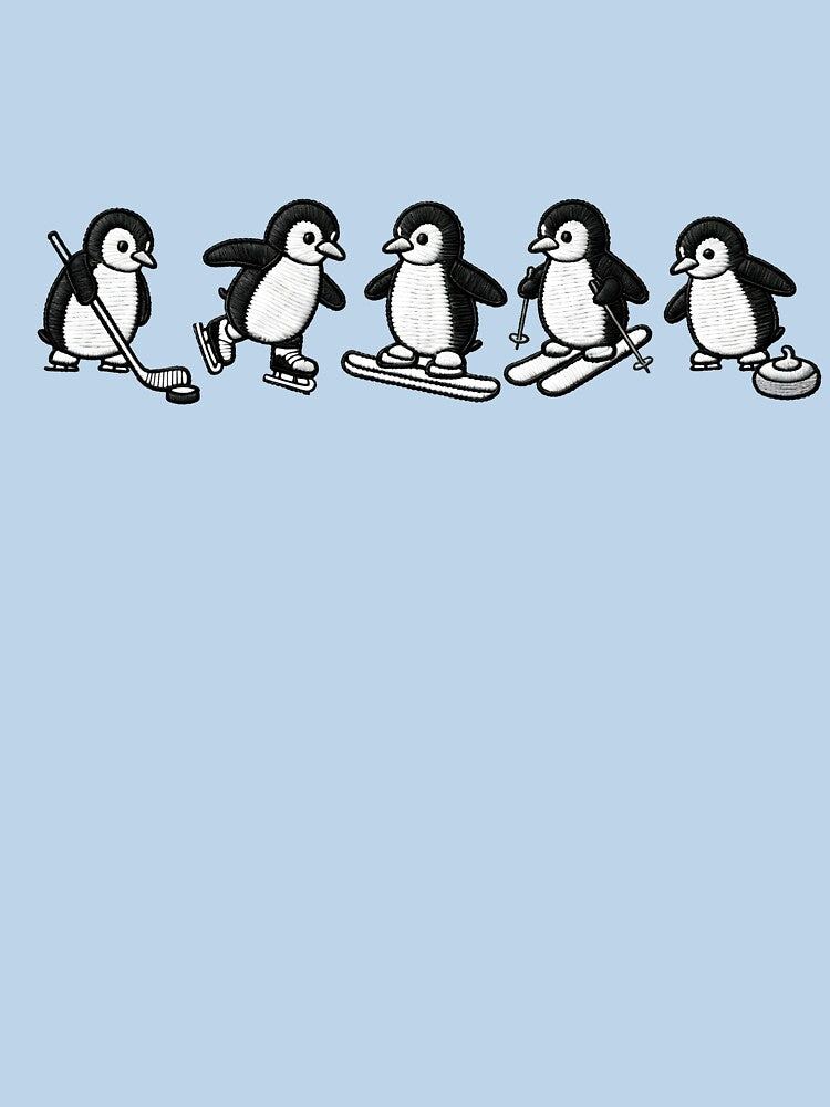 Penguin Winter Games Illustration – Cute Penguins Playing Winter Sports, Ice Hockey Skiing Snowboarding by VelvetSkyStudio