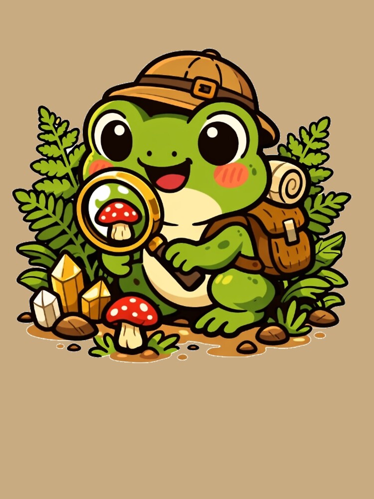Cute Explorer Frog with Magnifying Glass and Mushrooms | Kawaii Adventure Frog Art | Goblincore Frog Nature Explorer | Cottagecore Frog Print by NeonKawaiiCo
