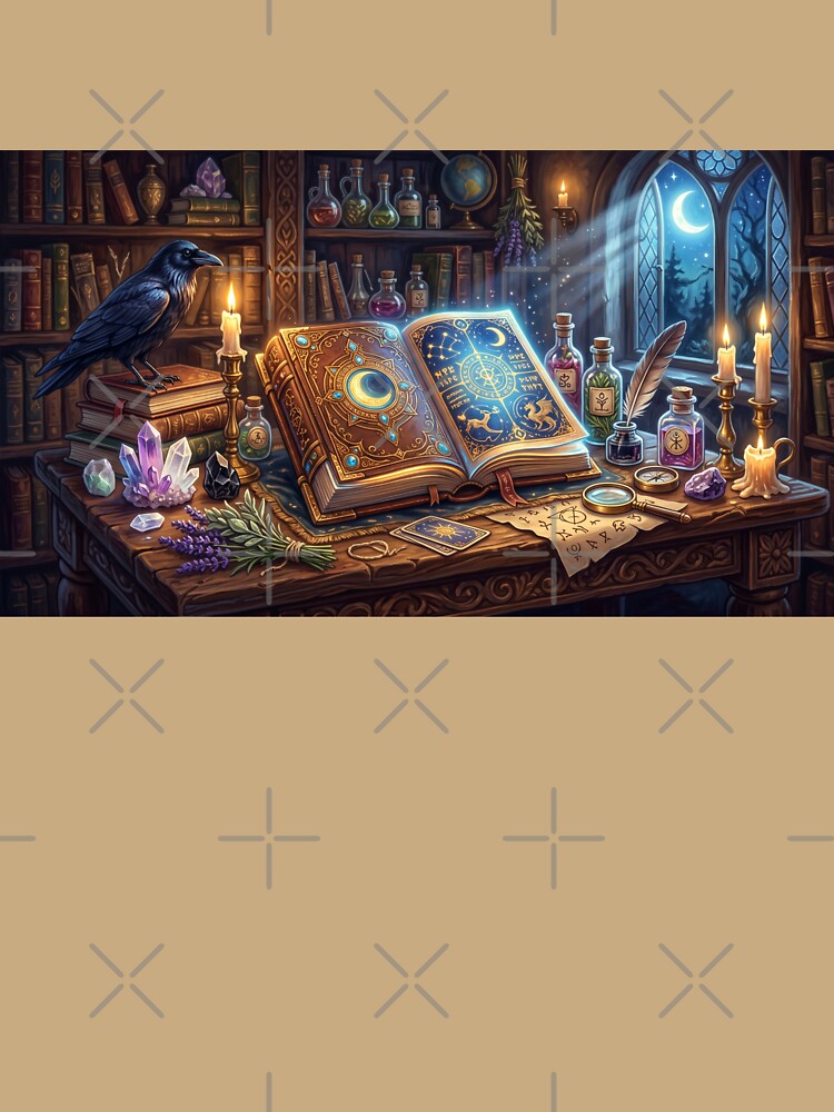 Moonlit Alchemist Desk | Celestial Grimoire, Raven, and Crystals by SebastianSpace