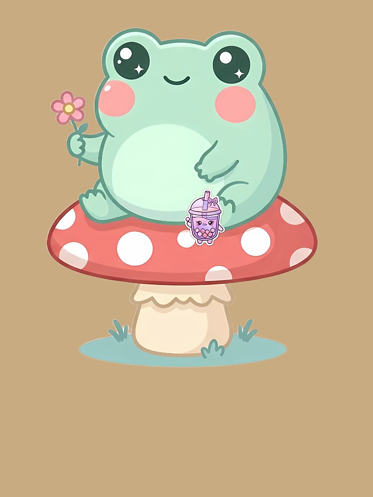 Cute Kawaii Frog Sitting on Mushroom with Flower Pastel Art by LYZ7VANI