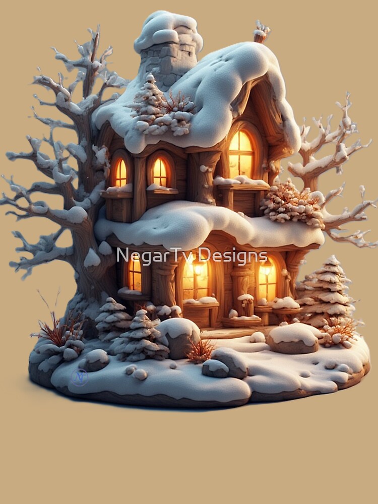 Cozy Winter Cottage with Warm Lights – Whimsical Snowy Fantasy House Illustration by NegarTv Designs by NegarTv Designs