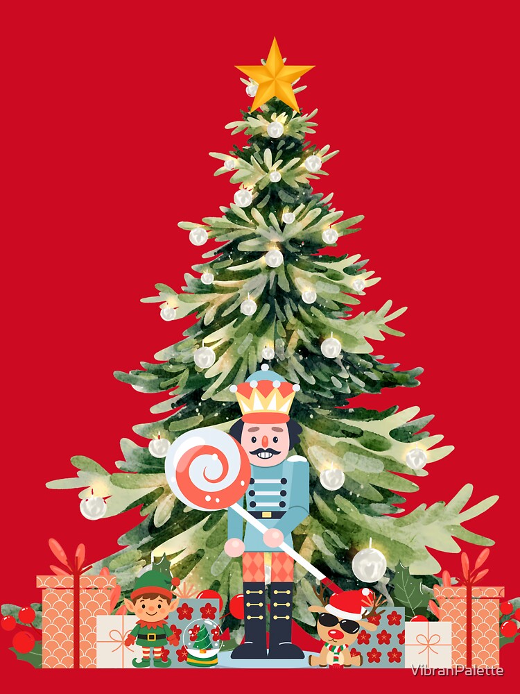 Festive Nutcracker, Elf, and Dog by a Decorated Christmas Tree with Gifts by VibranPalette
