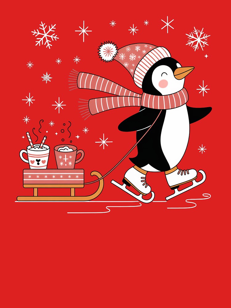 Cute Penguin Ice Skating with Hot Cocoa – Whimsical Winter Cartoon Design by RMTrendy