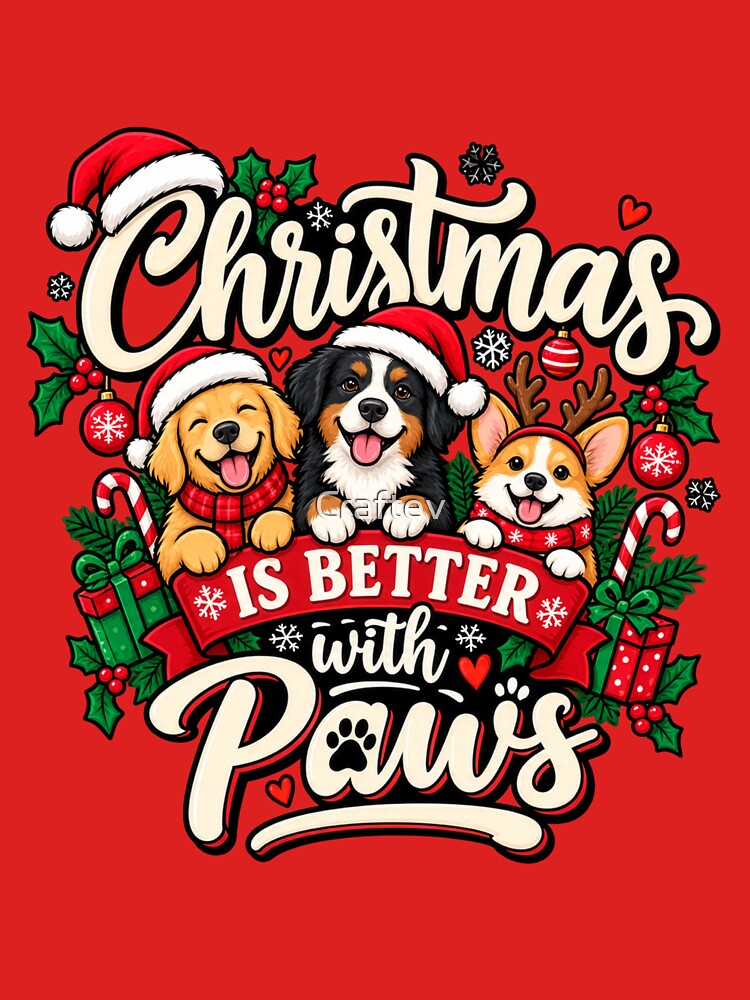 Christmas Is Better With Paws | Cute Christmas Dogs Santa Hat Holiday Shirt by Craftev