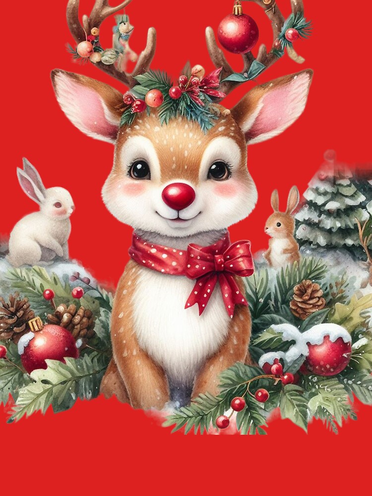 Baby Reindeer Small Rudolf the Red Nose Reindeer | Cute Christmas Drawing Reindeer Digital Illustration by FestivePalette