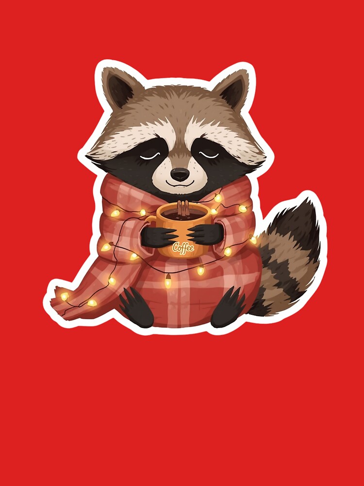 Cozy Raccoon Coffee Sticker | Winter Raccoon with Coffee Mug and String Lights | Forest Animal Illustration | Cozy Woodland Art by Pandey14