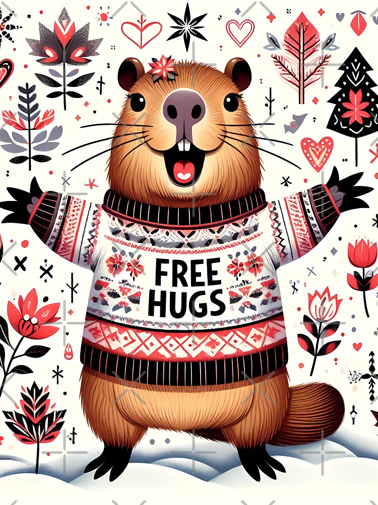 Cute Winter Holiday FREE HUGS Capybara - Scandinavian Folk Art by heidiannemorris © by FOLK ART FUSION