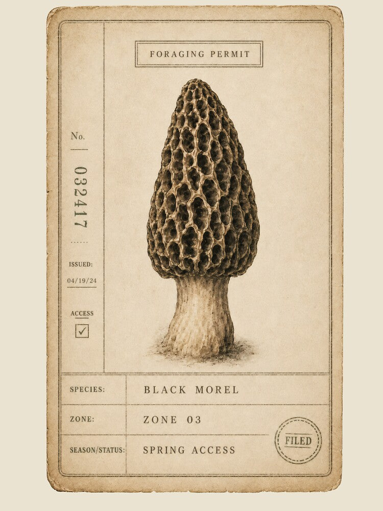 Morel Foraging Permit Vintage Mushroom Art by Ombrya