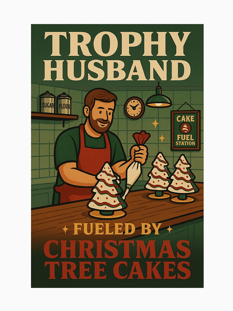 Trophy Husband Fueled by Christmas Tree Cakes – Retro Baking Humor Art for Christmas Cake Lovers Design by s.waniel1