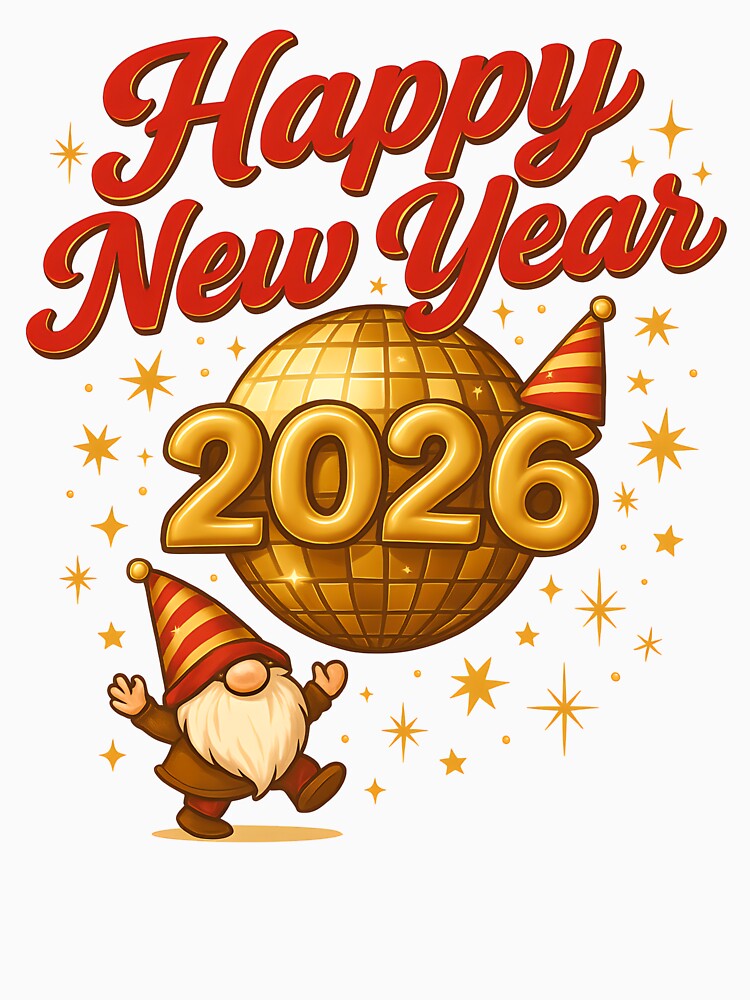 Happy New Year 2026 Gnomes – Golden Disco Ball Party Celebration Art by s.waniel1