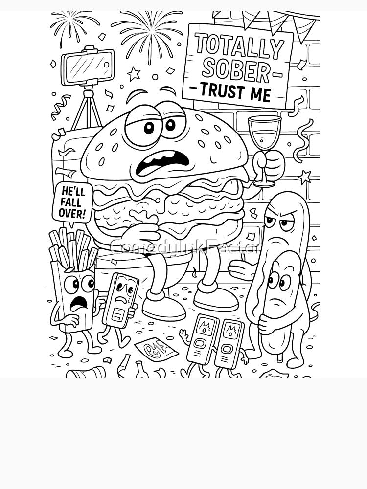 Funny Party Burger – Cartoon Coloring Page Chaos by ComedyInkFactor