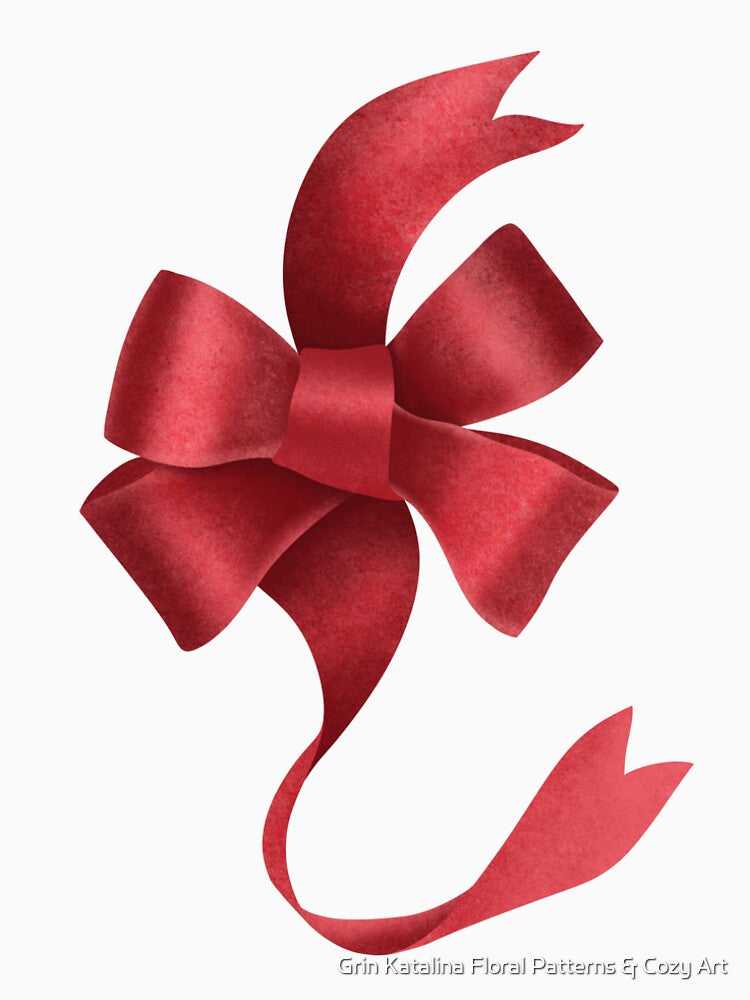Elegant red ribbon bow illustration. Bright satin bow by Grin Katalina Floral Patterns & Cozy Art