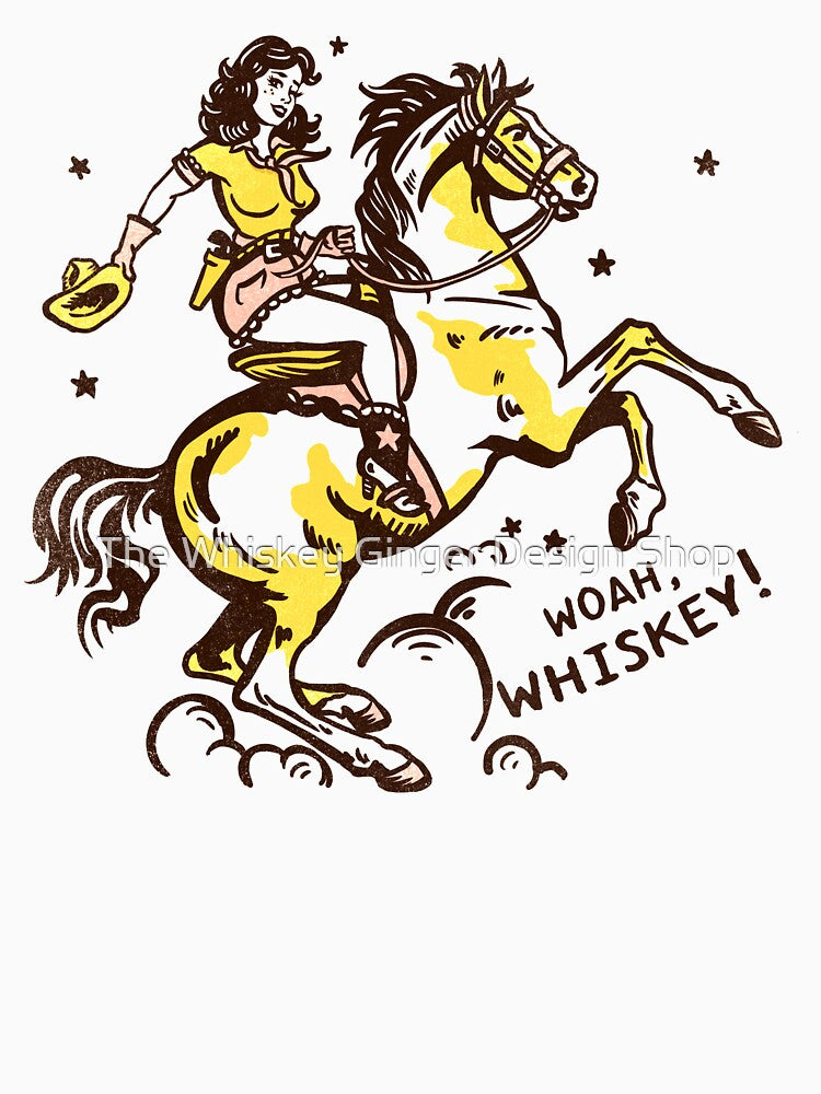 "Whoa Whiskey" Retro Pin Up Cowgirl Riding Her Horse by The Whiskey Ginger Design Shop