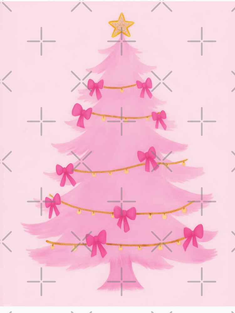 Kawaii Pink Christmas Tree with Pink Bows Coquette Preppy Holiday Art by Gourmet Neko Art |