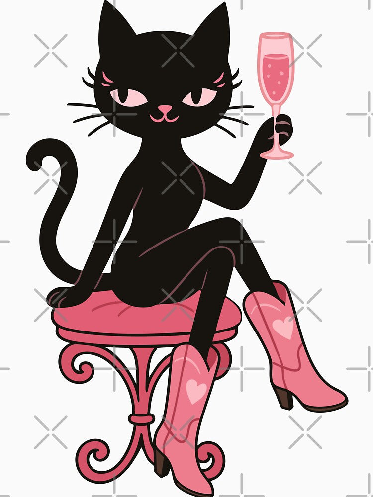 Elegant Black Cat Diva with Pink Boots and Champagne – Luxurious Vibes by Print-Zoo
