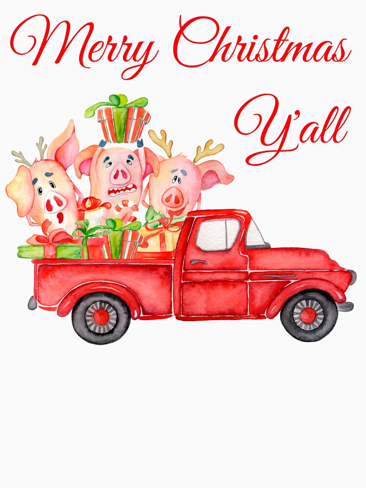 Classic Red Truck with Funny Pigs - Merry Christmas Y'all by Maryna Denysenko