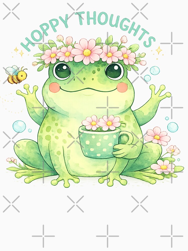 Hoppy Thoughts Frog – Cute Frog With Pink Flower Crown & Bee Watercolor Aesthetic by StickyDelights