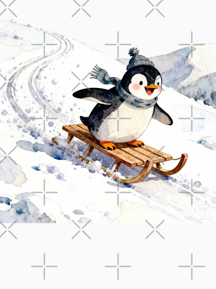 Cute Penguin on Sled | Watercolor Winter Snow Scene by Creatory.studio