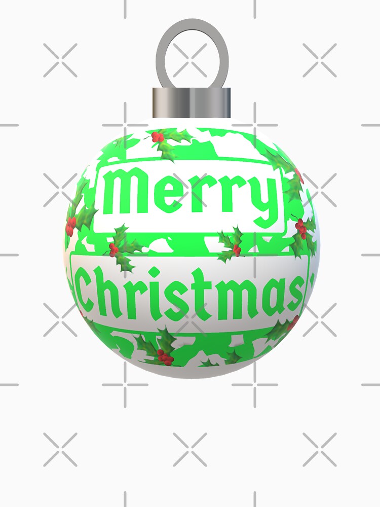 Christmas Ornament with Merry Christmas, Green and White Peppermint and Red Holly Berries (Winter White Background) by ArtByLM