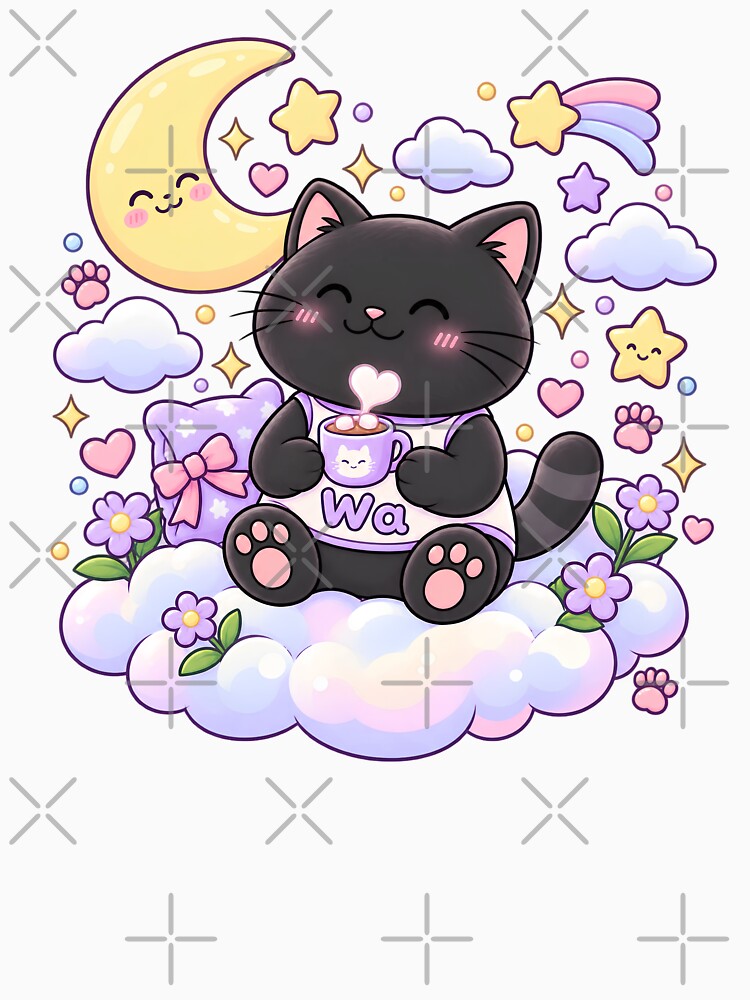 Kawaii Black Cat Drinking Hot Cocoa Under the Moon Cute Cartoon Animal Design by Wawa5656